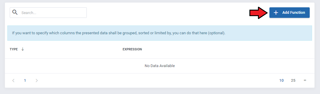 Report Generator For WHMCS: Functions table with no data and the Add Function button for grouping and sorting