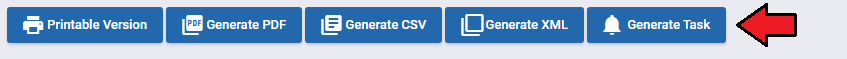 Report Generator For WHMCS: report toolbar with Printable Version, Generate PDF, CSV, XML and Generate Task buttons