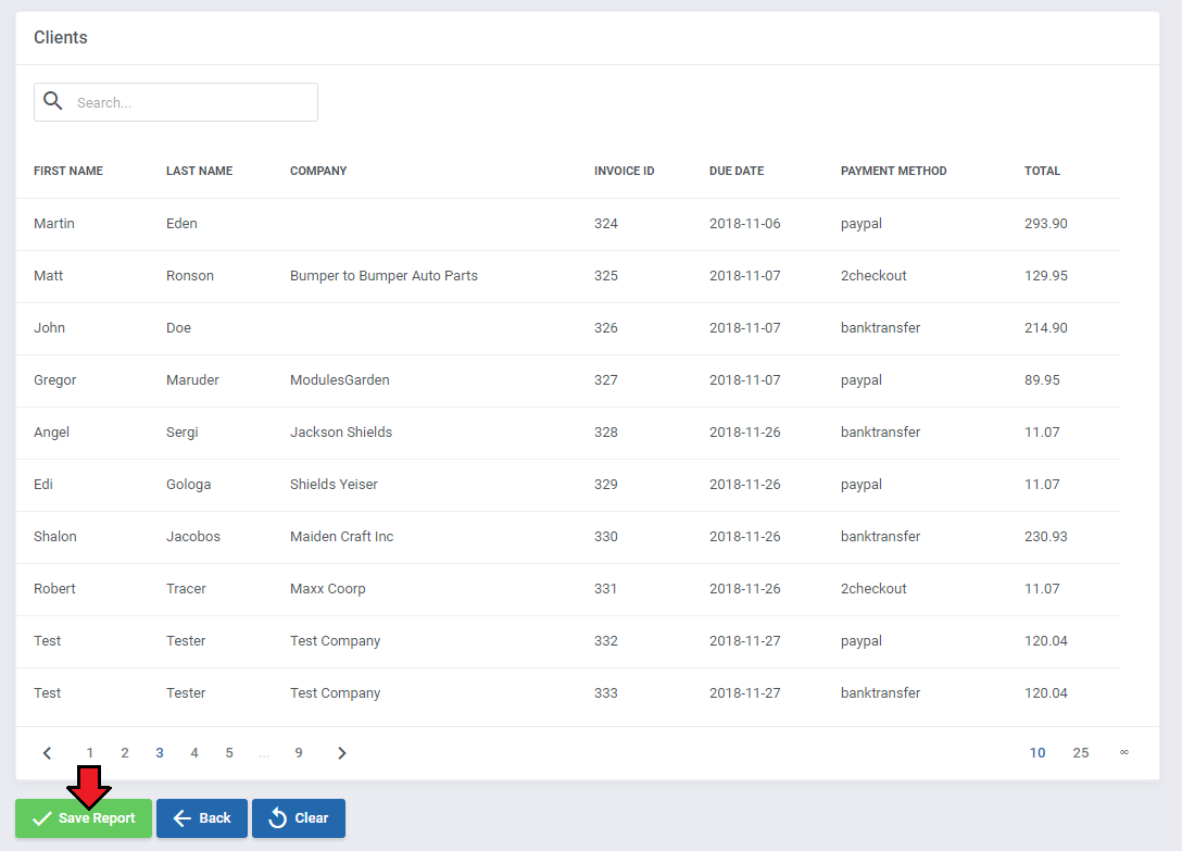 Report Generator For WHMCS: report preview table of clients with unpaid invoices, with Save Report, Back and Clear