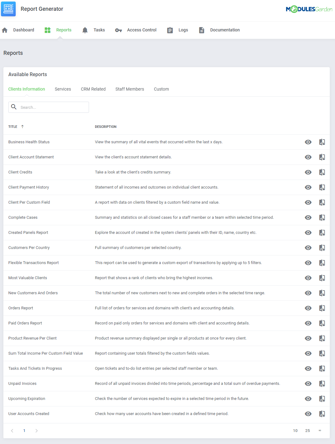 Report Generator For WHMCS: Reports page, Clients Information tab with the list of predefined reports