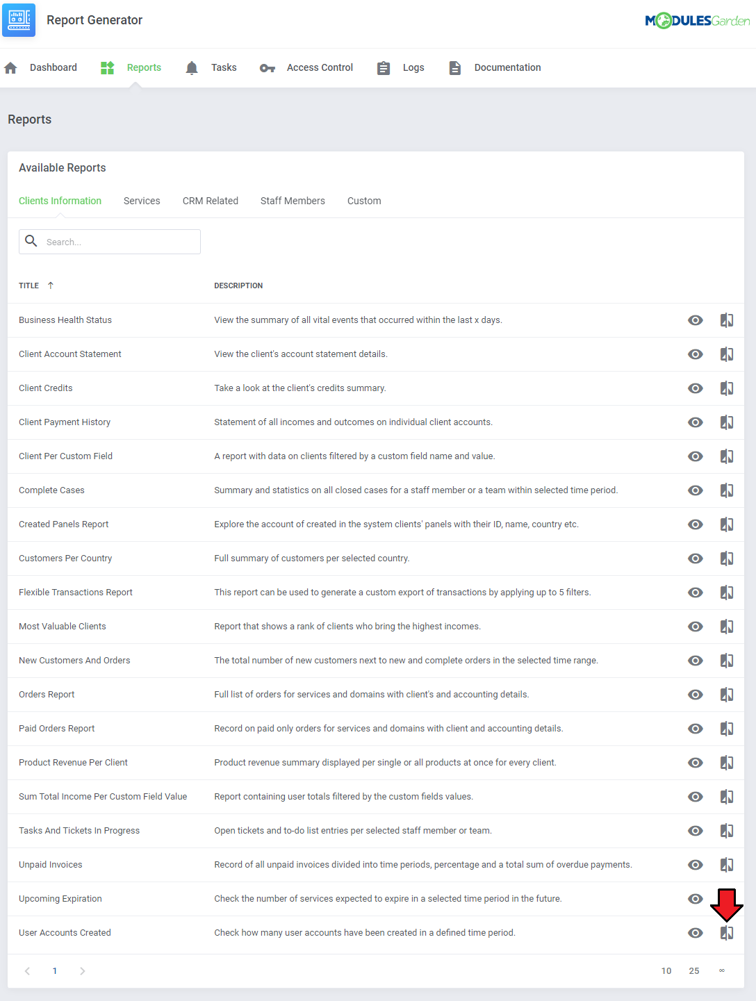 Report Generator For WHMCS: Reports list with an arrow pointing to the Compare icon next to the User Accounts Created