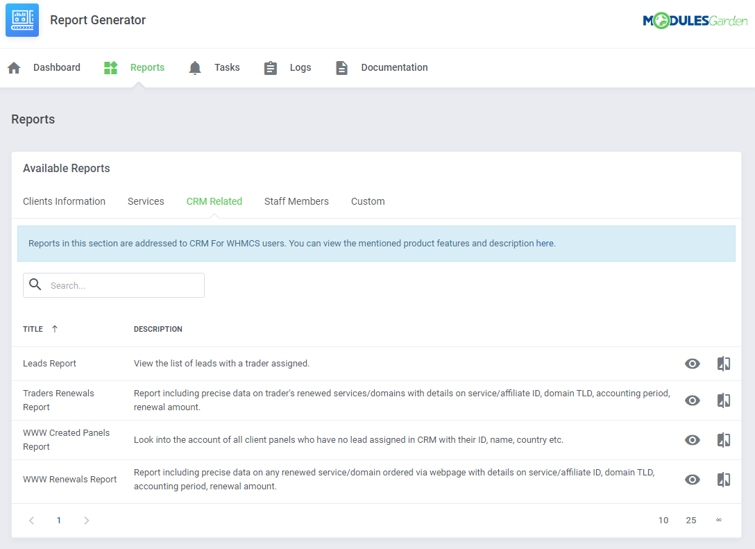 Report Generator For WHMCS: Reports page, CRM Related tab with a notice for CRM For WHMCS users and the report list
