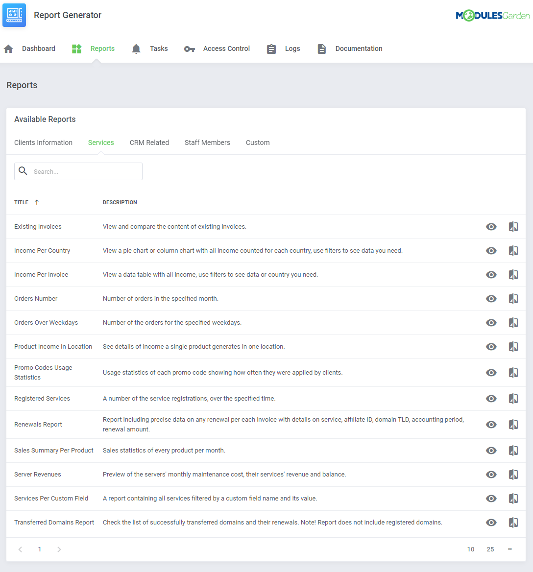 Report Generator For WHMCS: Reports page, Services tab with the list of predefined service reports