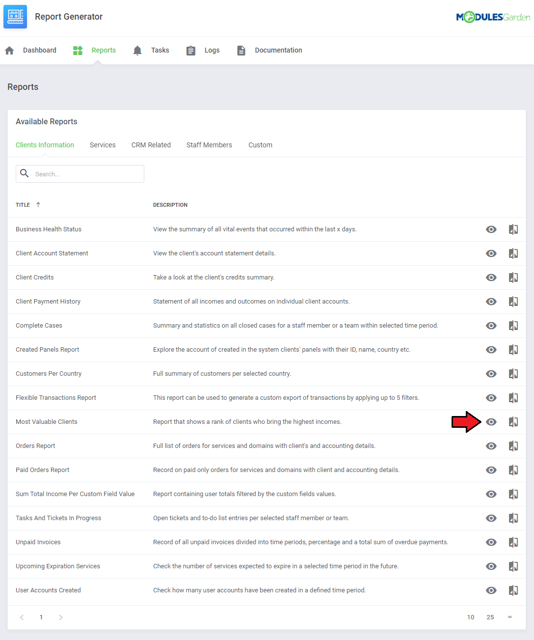 Report Generator For WHMCS: Reports list with an arrow pointing to the View icon next to the Most Valuable Clients