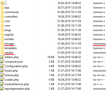 Report Generator For WHMCS: module folders with storage and vendor marked writable in file permissions