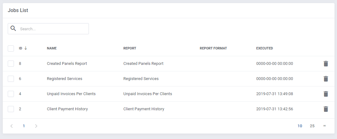 Report Generator For WHMCS: Jobs List table with current jobs, execution dates and delete buttons