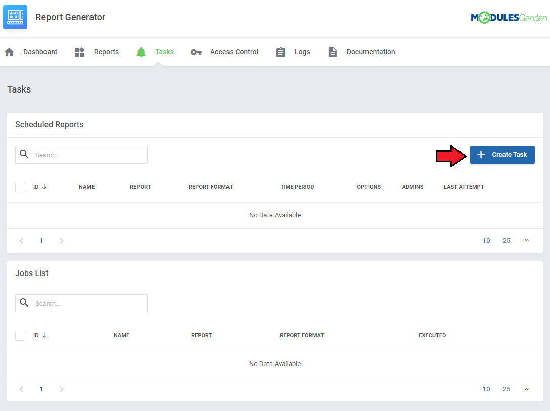 Report Generator For WHMCS: Tasks page with empty Scheduled Reports and Jobs List tables and the Create Task button