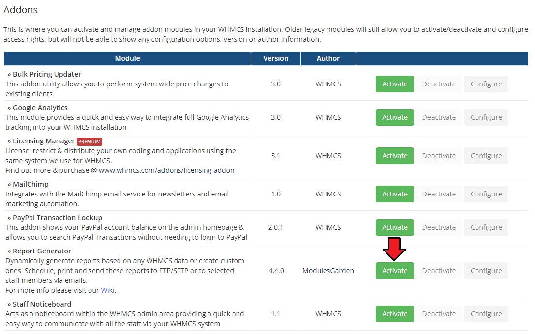 Report Generator For WHMCS: WHMCS Addon Modules list with the Activate button next to Report Generator