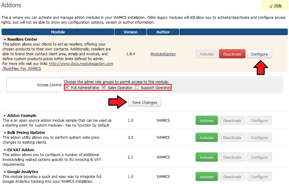 Resellers Center 2.X For WHMCS: WHMCS admin Addon Modules list with admin role access control checkboxes and Save