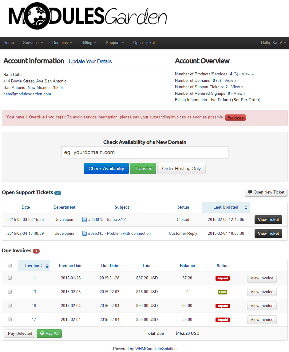 Resellers Center 2.X For WHMCS: branded end client area home page with account information, tickets and due invoices