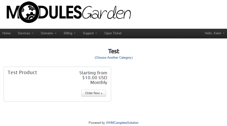Resellers Center 2.X For WHMCS: branded client area product category page with a product and the Order Now button