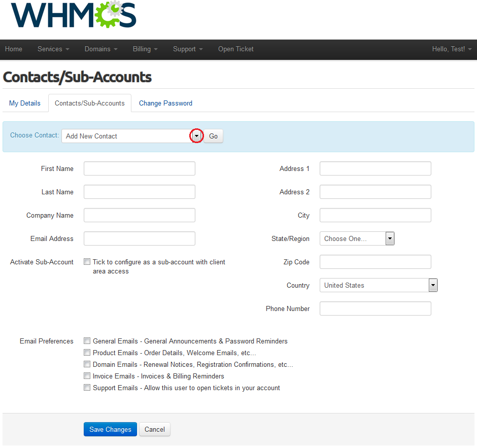 Resellers Center 2.X For WHMCS: WHMCS client area Contacts/Sub-Accounts page with the Add New Contact option in the