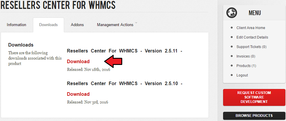 Resellers Center 2.X For WHMCS: client area product page with the Downloads tab and the module download link