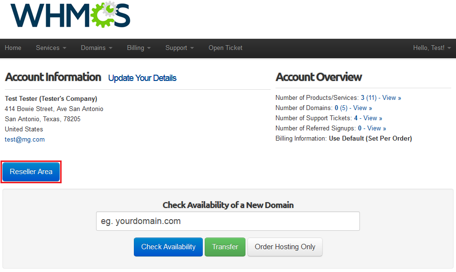 Resellers Center 2.X For WHMCS: WHMCS client area home page with the Reseller Area button highlighted