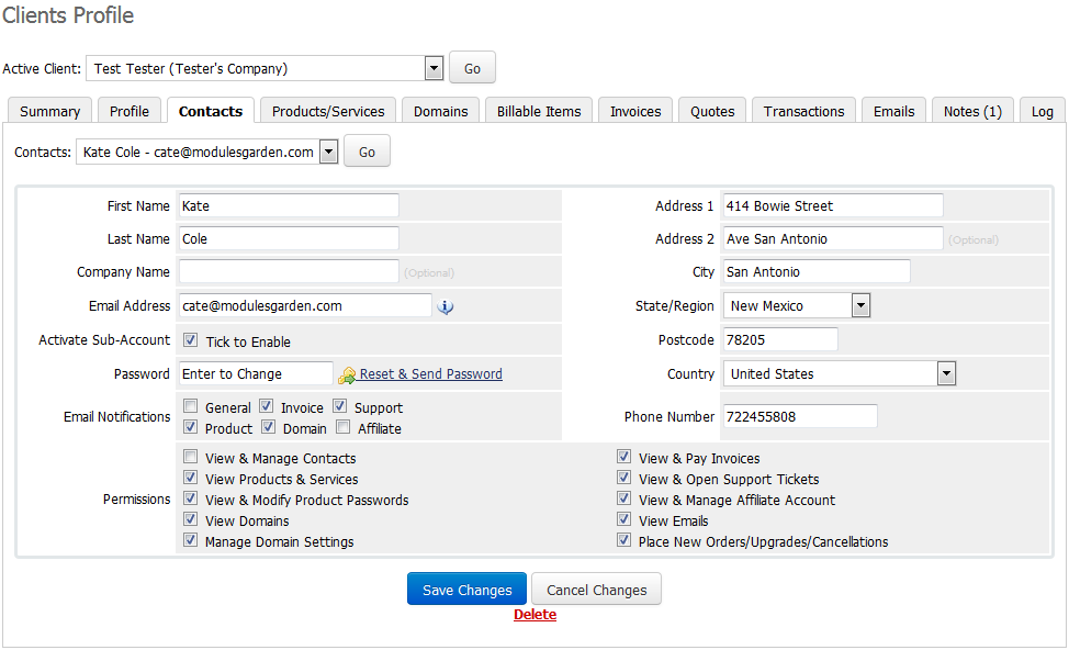 Resellers Center 2.X For WHMCS: WHMCS admin Client Profile Contacts tab with contact details and permissions