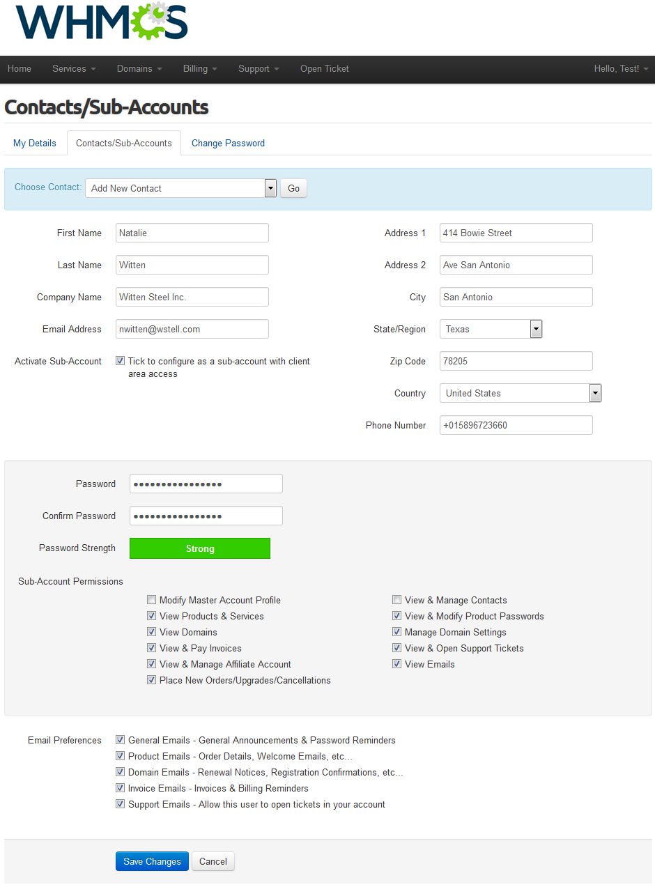 Resellers Center 2.X For WHMCS: client area Contacts/Sub-Accounts form with sub-account permissions and email