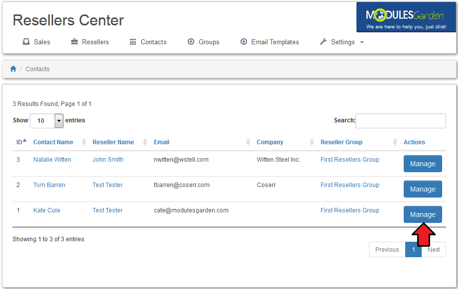 Resellers Center 2.X For WHMCS: Contacts tab with an arrow pointing at the Manage button next to a contact