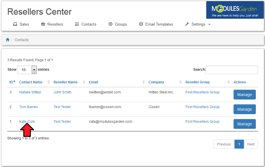 Resellers Center 2.X For WHMCS: Contacts tab with an arrow pointing at a contact name link