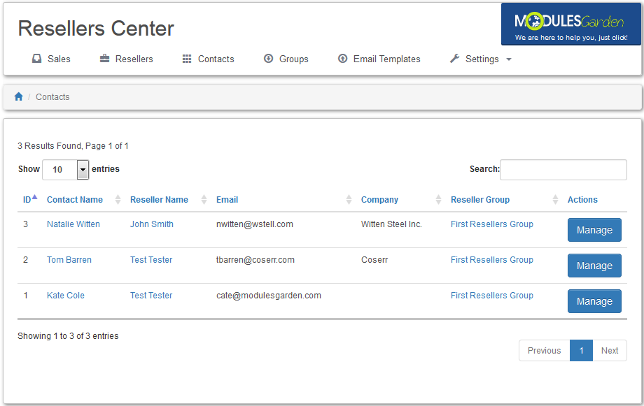 Resellers Center 2.X For WHMCS: Contacts tab of the module admin area listing contacts with their resellers and groups