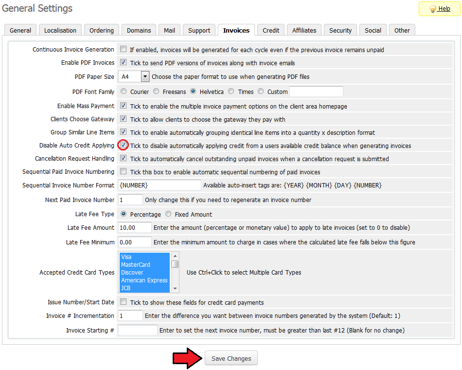 Resellers Center 2.X For WHMCS: WHMCS General Settings Invoices tab with the Disable Auto Credit Applying checkbox