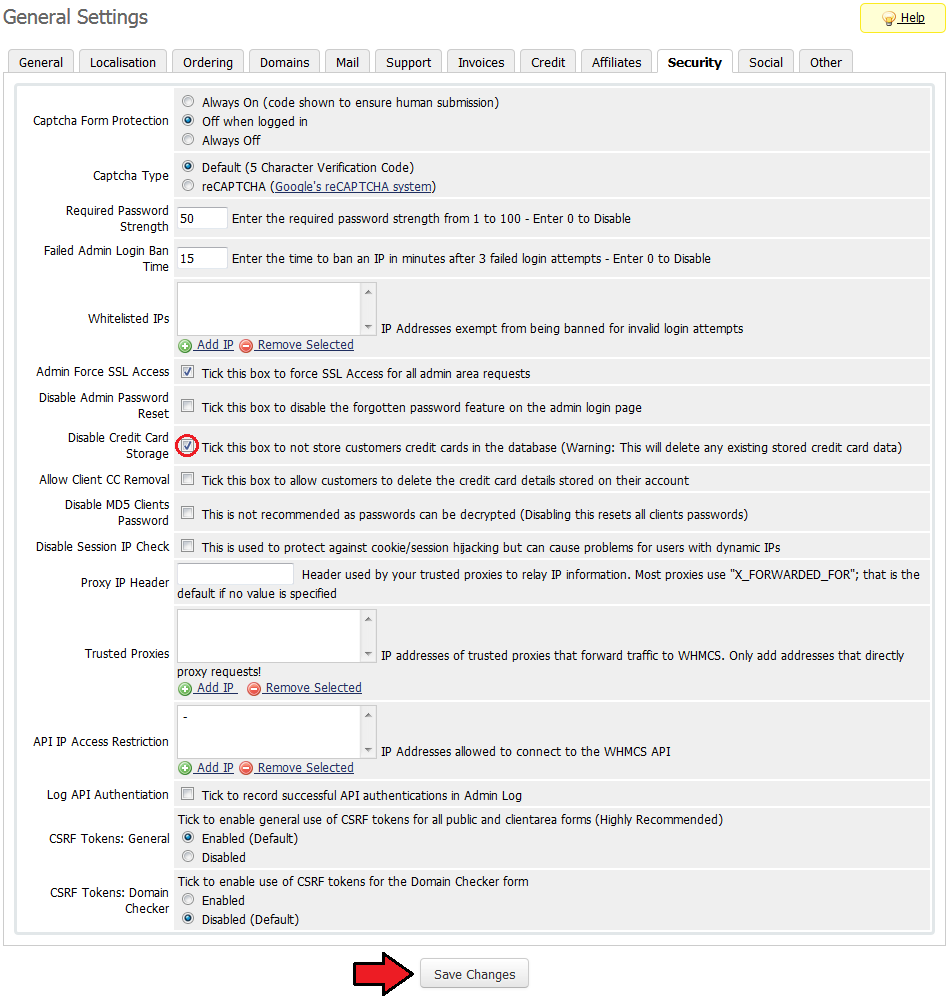 Resellers Center 2.X For WHMCS: WHMCS General Settings Security tab with the Disable Credit Card Storage checkbox ticked
