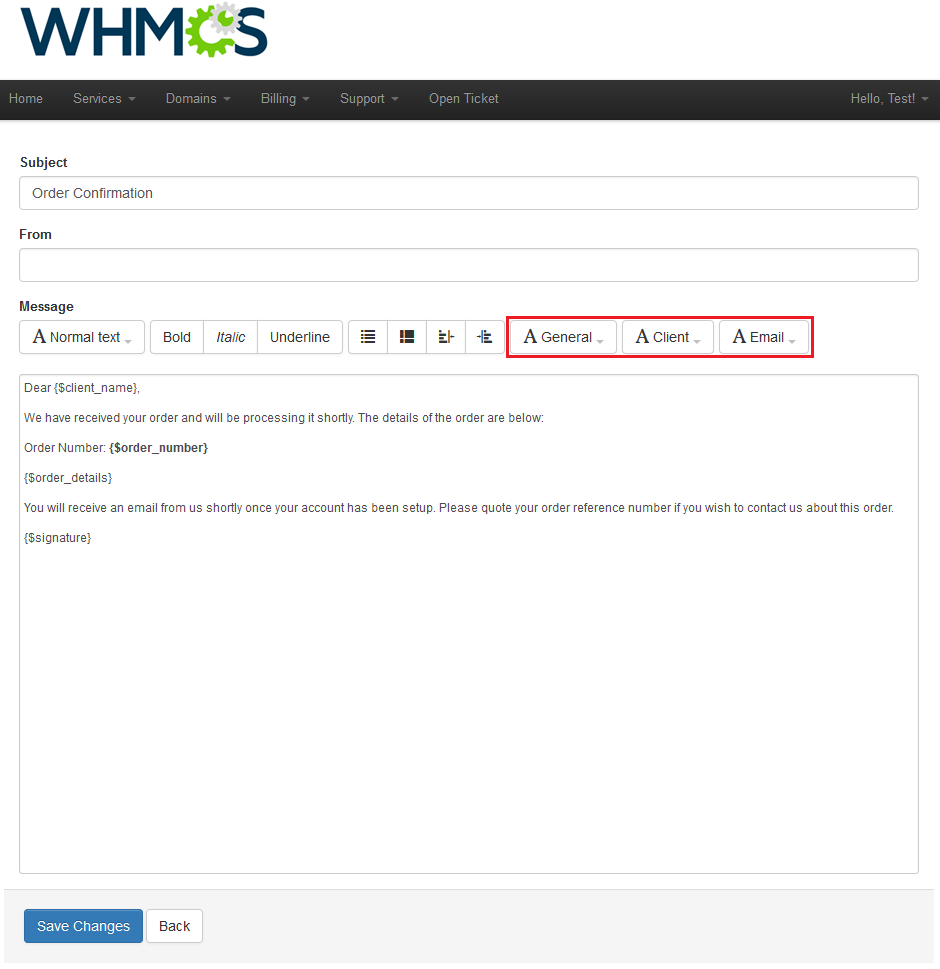 Resellers Center 2.X For WHMCS: email template editor in the Reseller Area with subject, message and merge field