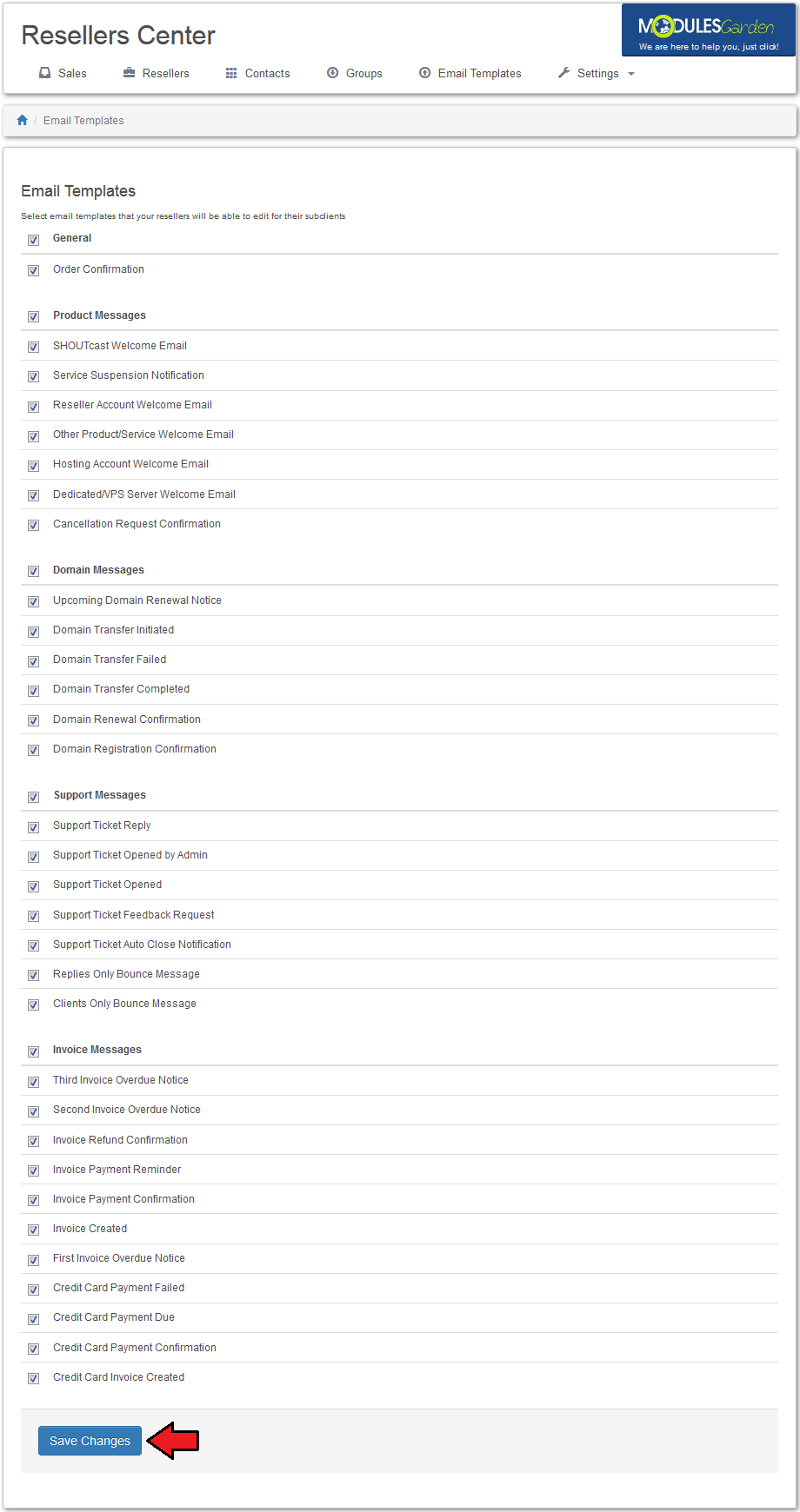 Resellers Center 2.X For WHMCS: Email Templates tab of the module admin area with template checkboxes and Save Changes