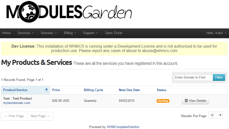 Resellers Center 2.X For WHMCS: end client area My Products & Services page with a product ordered by the reseller