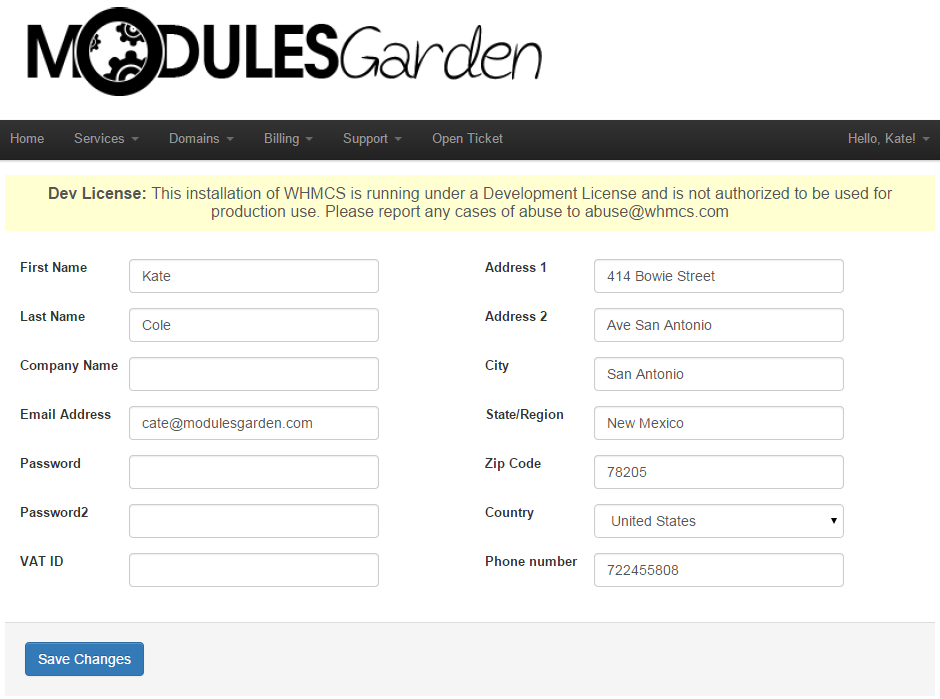 Resellers Center 2.X For WHMCS: branded end client profile edit form with the VAT ID field
