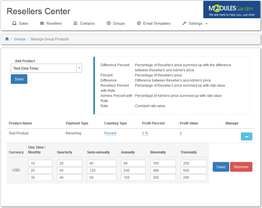 Resellers Center 2.X For WHMCS: Manage Group Products page with a configured product, counting type, profit and price