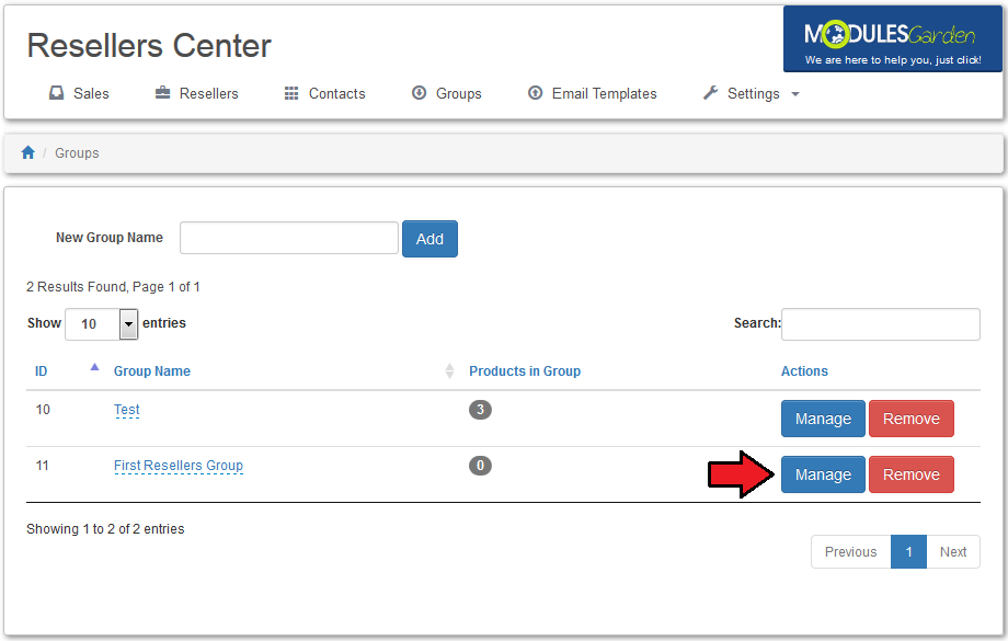Resellers Center 2.X For WHMCS: Groups tab list with the new group and the Manage button next to it