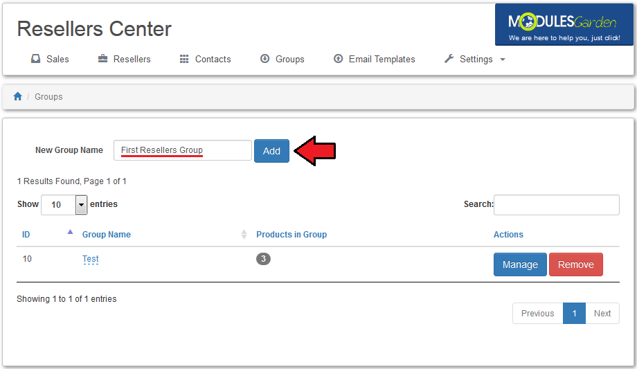 Resellers Center 2.X For WHMCS: Groups tab of the module admin area with a new group name field and the Add button