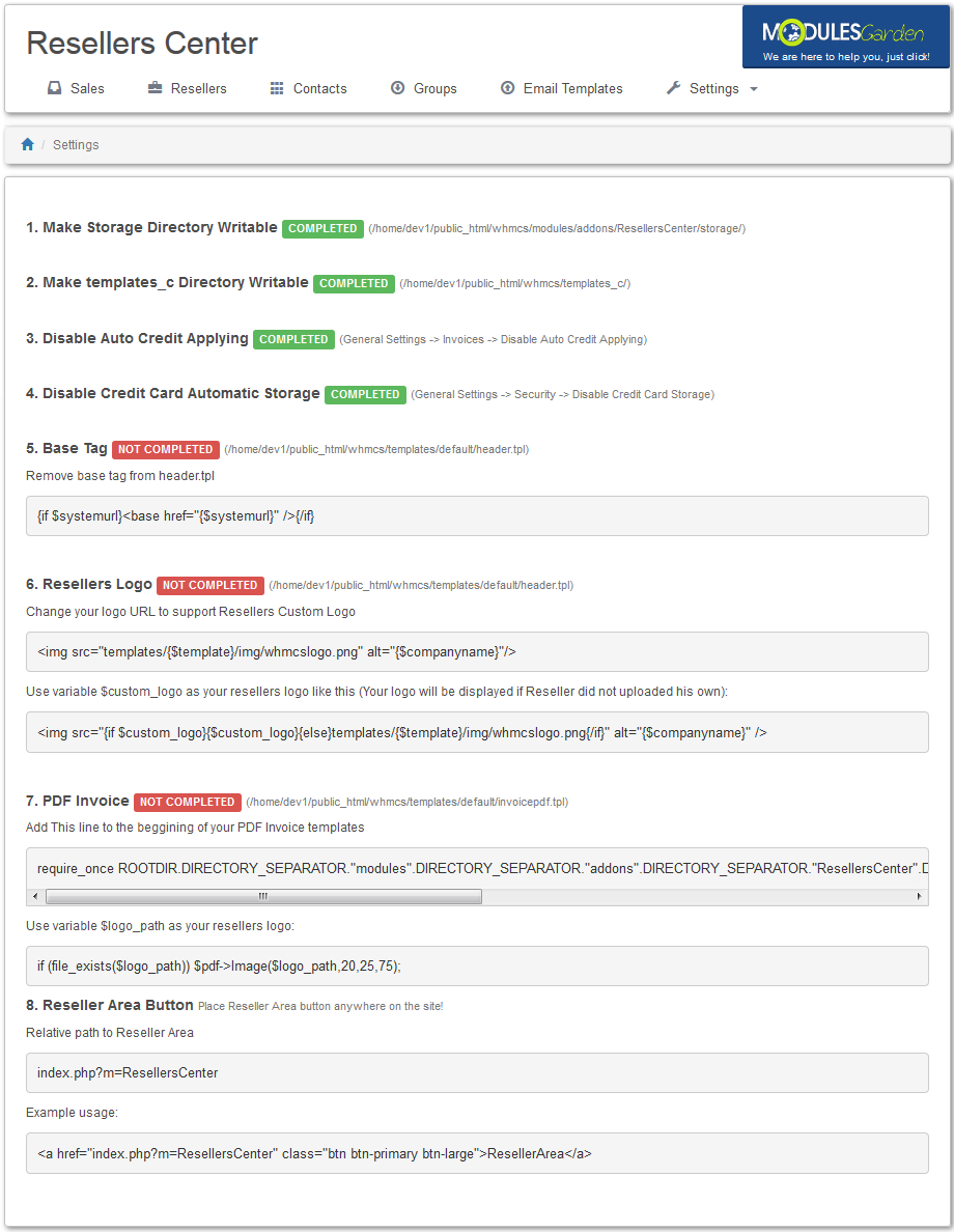 Resellers Center 2.X For WHMCS: Settings page in the module admin area listing the Integration Code steps and their