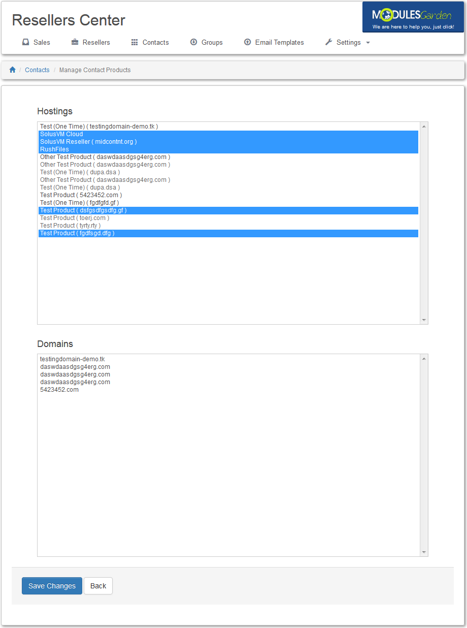 Resellers Center 2.X For WHMCS: Manage Contact Products page with hosting and domain lists assigned to the end client