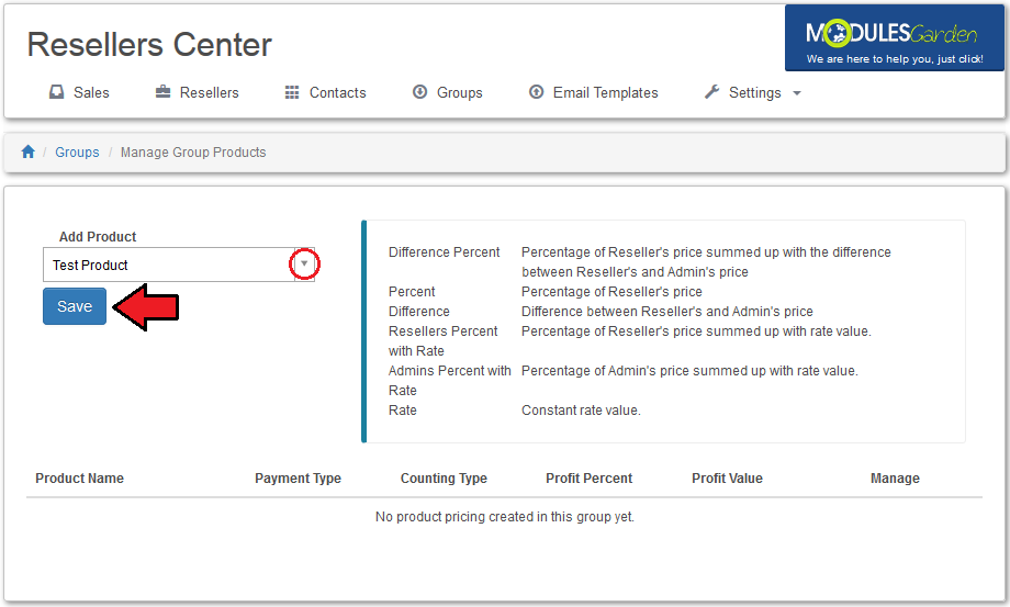 Resellers Center 2.X For WHMCS: Manage Group Products page with the Add Product dropdown and the Save button