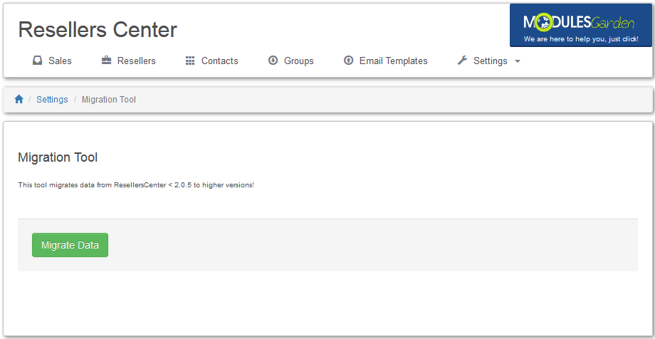 Resellers Center 2.X For WHMCS: Migration Tool page in the module admin area with the Migrate Data button