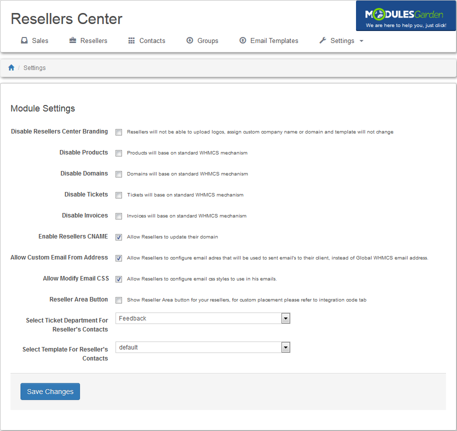 Resellers Center 2.X For WHMCS: Module Settings form with branding, products, domains, tickets and invoices options