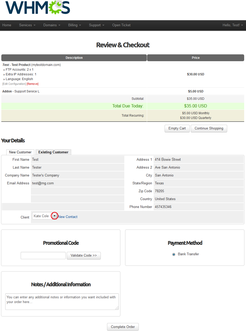 Resellers Center 2.X For WHMCS: WHMCS order Review & Checkout page with the Client dropdown for choosing a contact