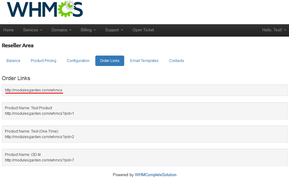 Resellers Center 2.X For WHMCS: Reseller Area Order Links tab with the main order link underlined