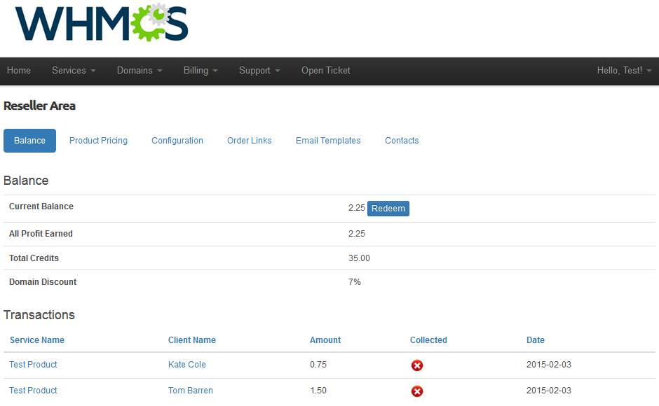 Resellers Center 2.X For WHMCS: Reseller Area Balance tab in the client area with balance, profit, credits and