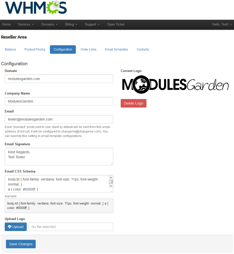 Resellers Center 2.X For WHMCS: Reseller Area Configuration tab with domain, company, email, CSS and logo upload