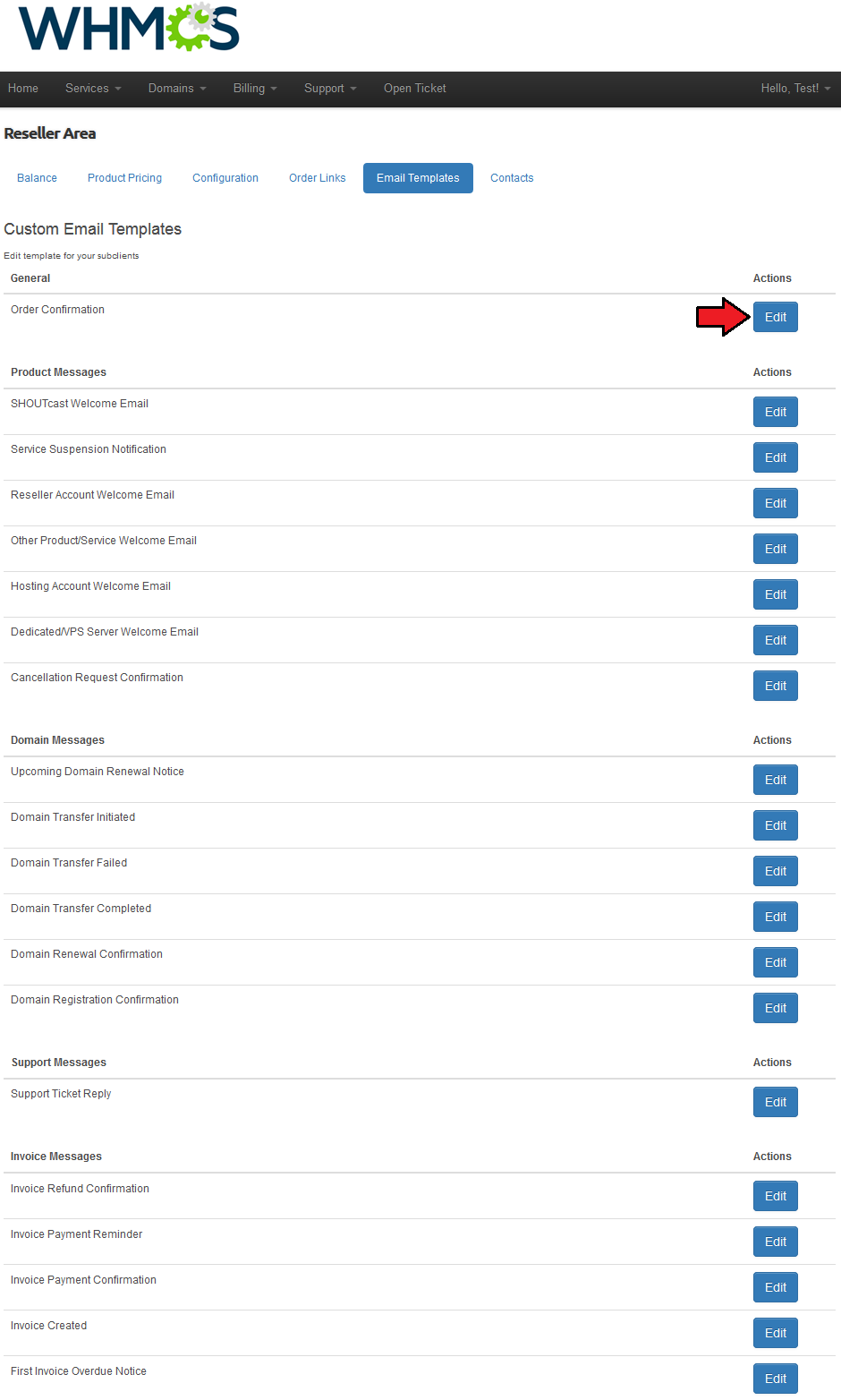 Resellers Center 2.X For WHMCS: Reseller Area Email Templates tab with the list of templates and Edit buttons