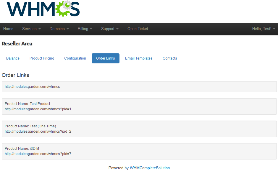 Resellers Center 2.X For WHMCS: Reseller Area Order Links tab listing the order links for each product