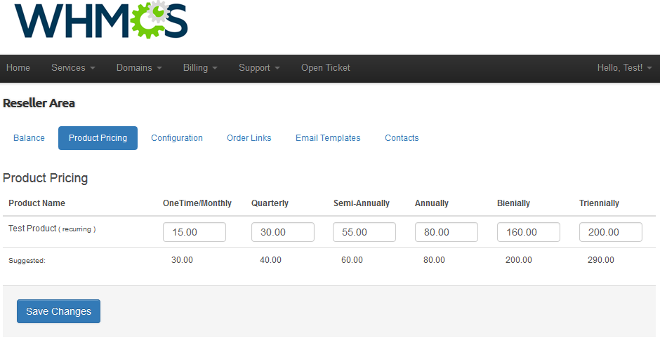 Resellers Center 2.X For WHMCS: Reseller Area Product Pricing tab in the client area with price fields for each billing