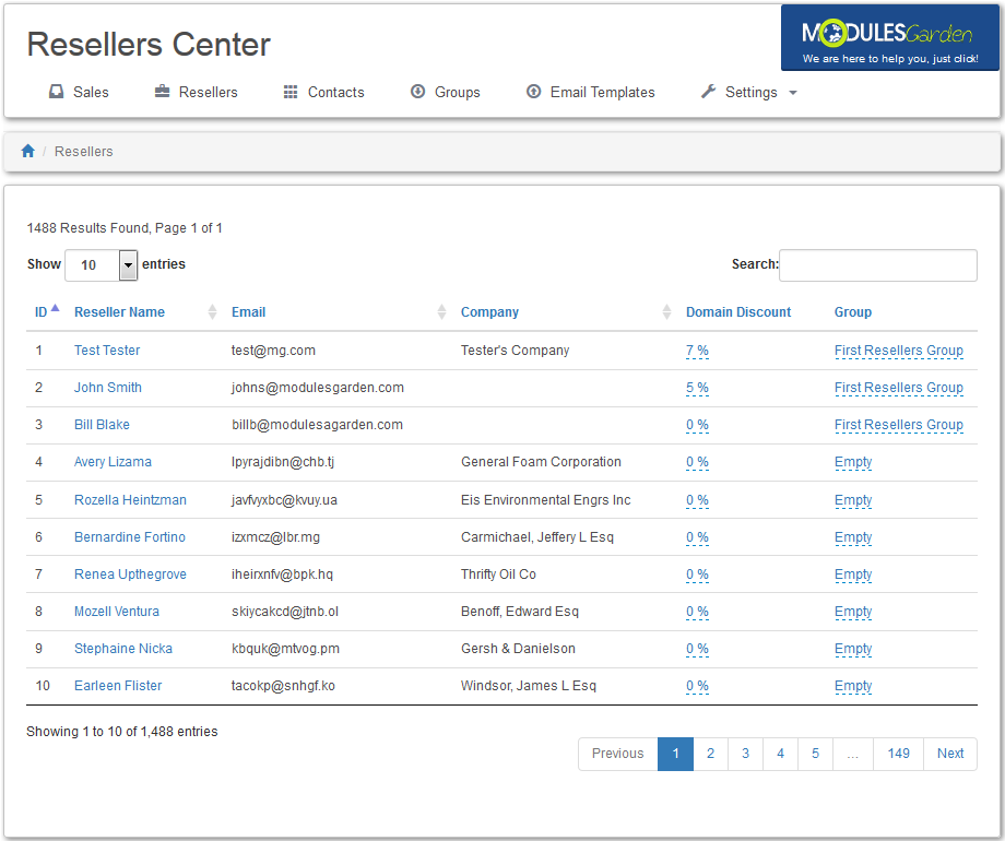 Resellers Center 2.X For WHMCS: Resellers tab of the module admin area with reseller list, domain discount and group