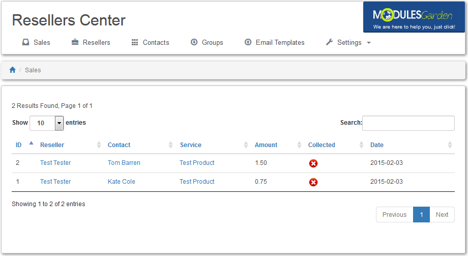 Resellers Center 2.X For WHMCS: Sales tab of the module admin area listing orders made by resellers and their contacts