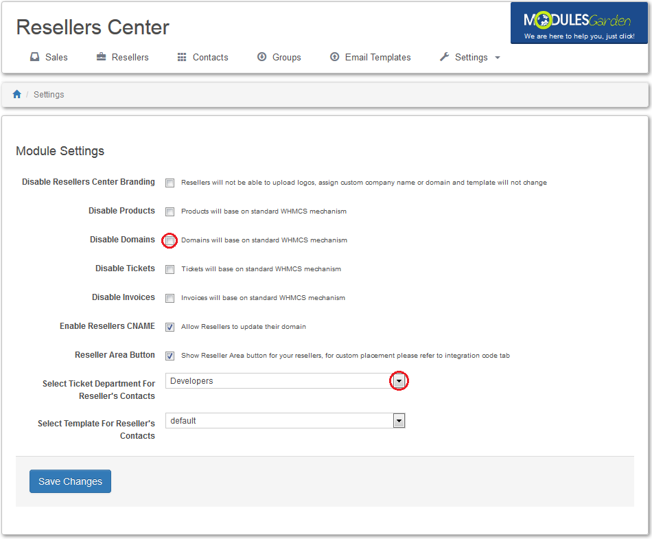 Resellers Center 2.X For WHMCS: module Settings page with the Disable Domains checkbox and ticket department dropdown
