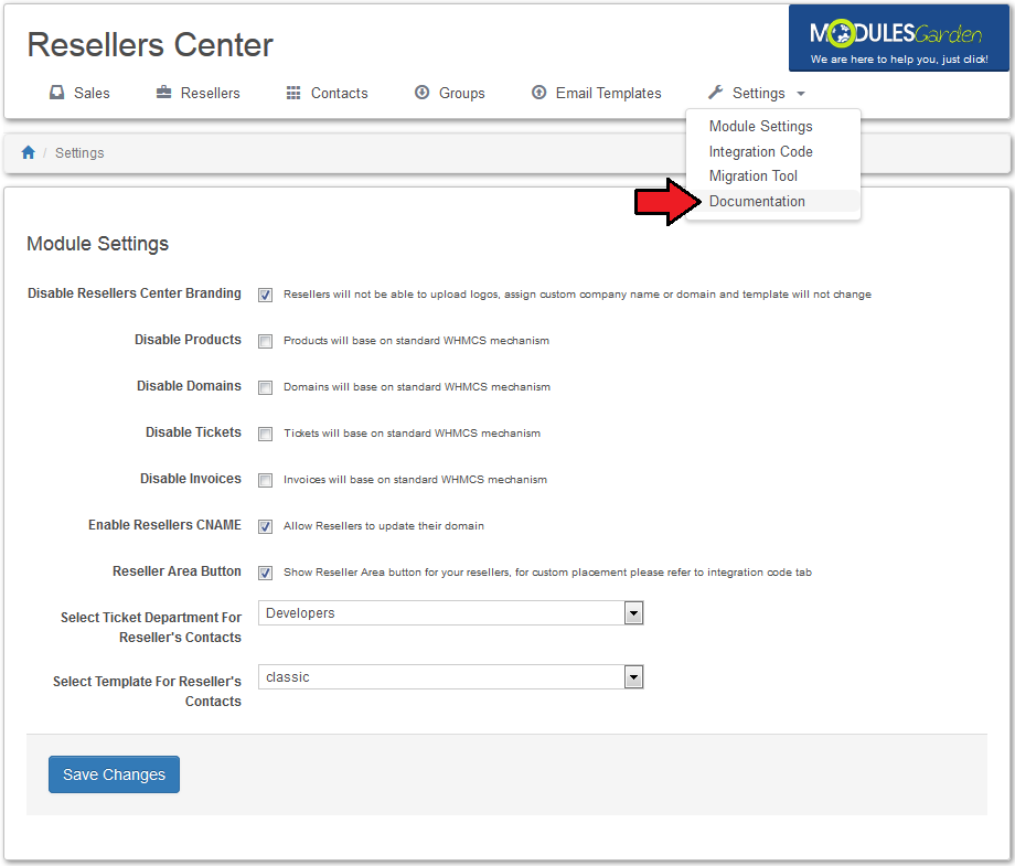 Resellers Center 2.X For WHMCS: Settings menu of the module admin area with the Documentation option highlighted
