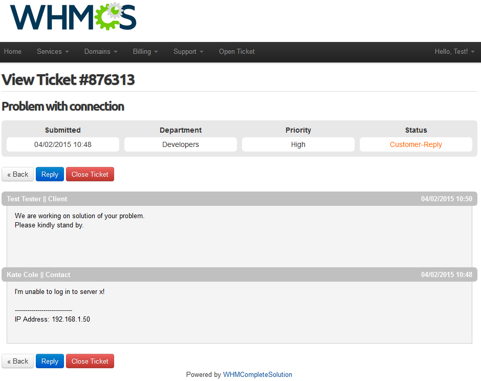 Resellers Center 2.X For WHMCS: WHMCS client area ticket view with a message from a reseller contact and a reply