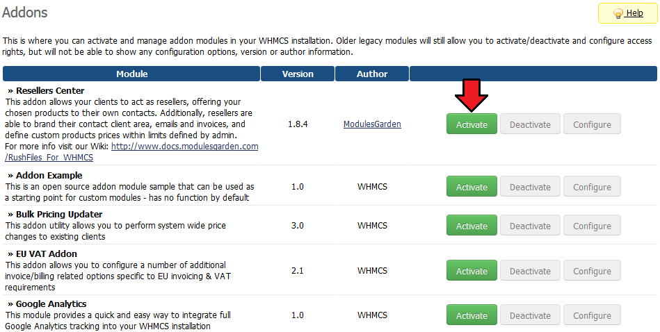 Resellers Center 2.X For WHMCS: WHMCS admin Addon Modules list with the Activate button next to Resellers Center